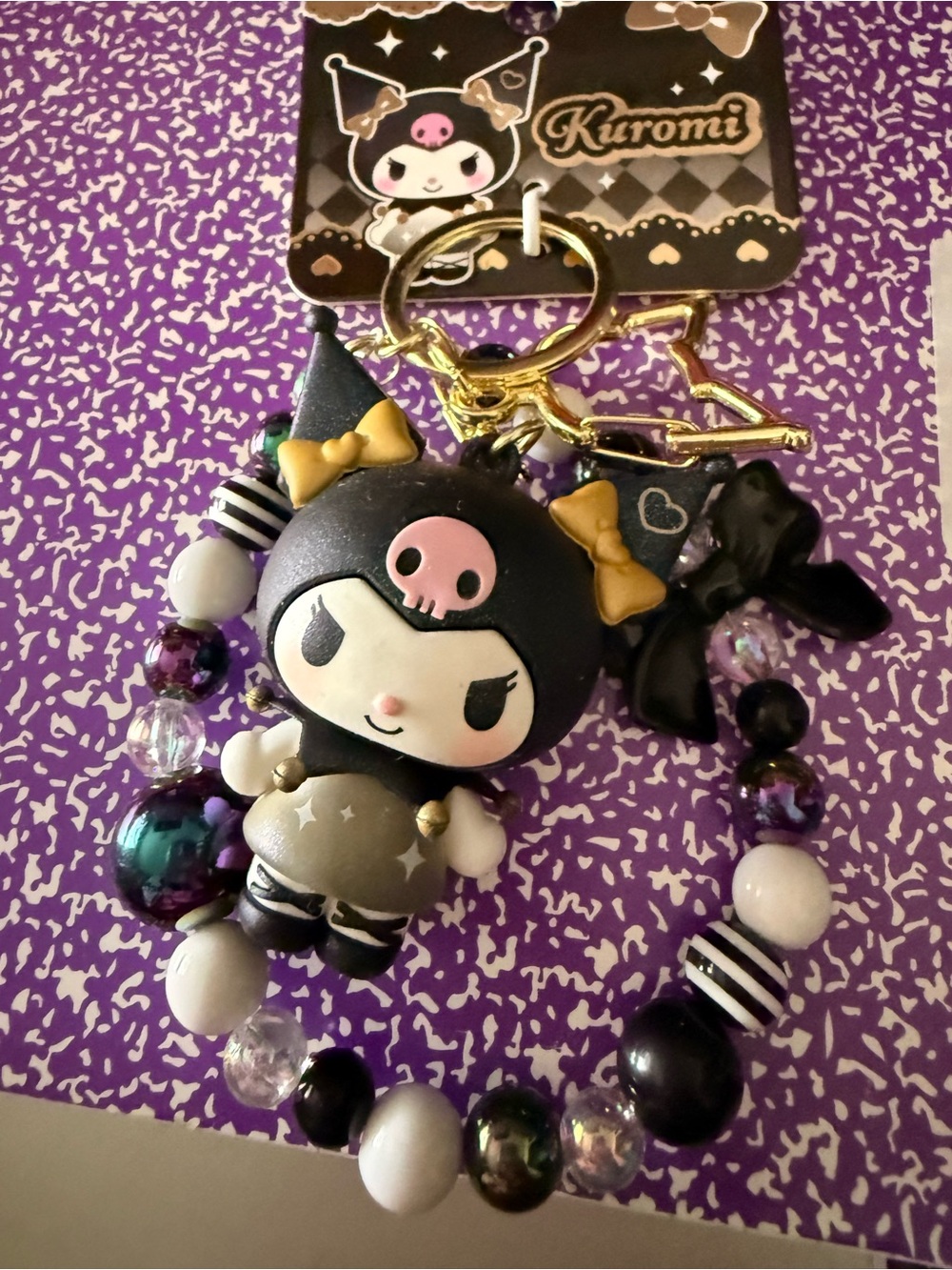 Sanrio Kuromi Purple Black & Gold Bead Keychain